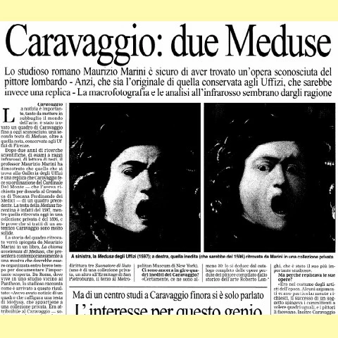 Рис.2. Статья из газеты "Societa` e cultura" от 17 февраля 1997 года, в которой говорится об обнаружении "Медузы" в частной коллекции. Слева - общеизвестный вариант, справа - обнаруженный.
