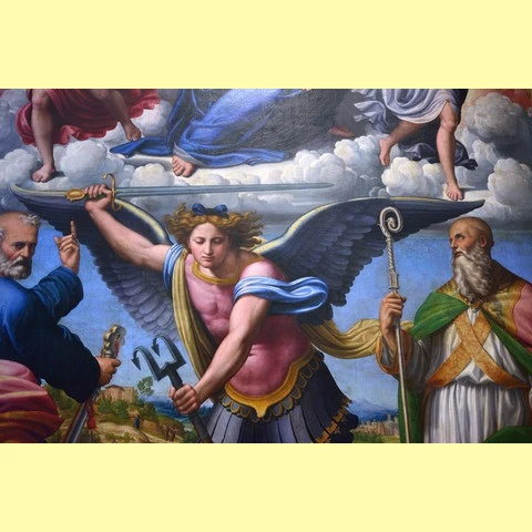 Innocenzo Francucci. Madonna col Bambino in gloria e santi Michele arcangelo, Pietro e Benedetto. Фрагмент.